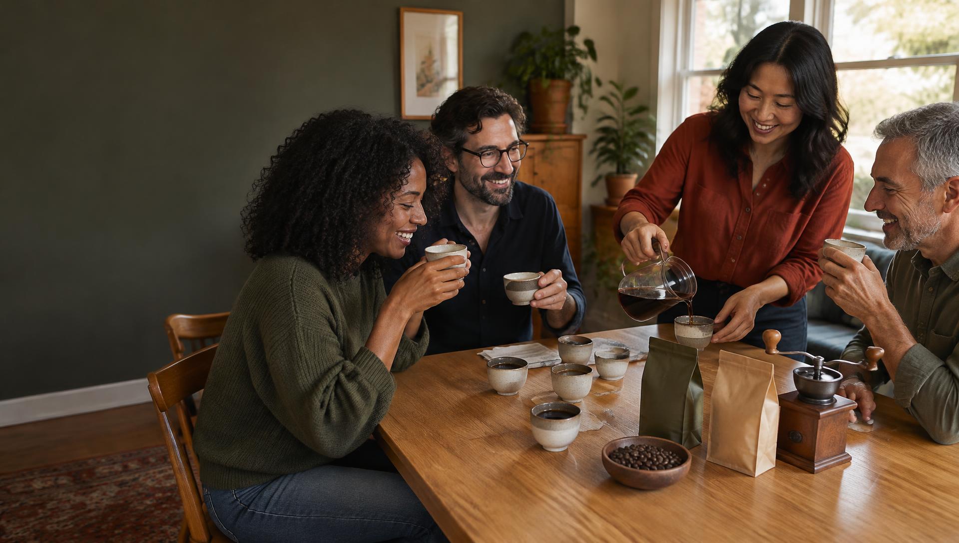 Friends sharing a coffee tasting and conversation around a table